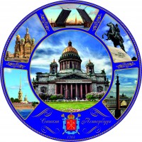 Souvenir plate 125 "Collage St. Isaac's Cathedral" (gold) with standkoffymag